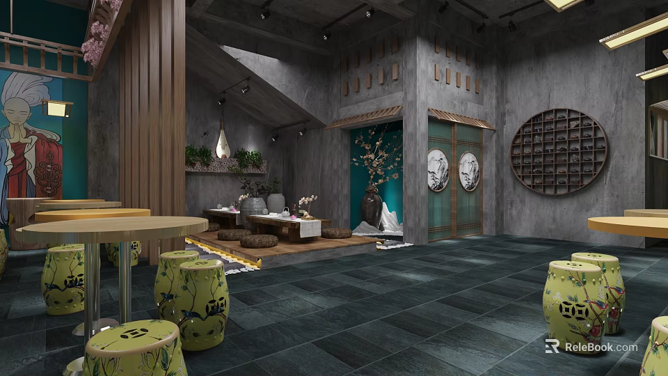 Traditional Modern Bubble Tea Shop Interior With Wooden Decor Green Plants And Round Stools 3d model 