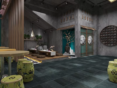 Traditional Modern Bubble Tea Shop Interior With Wooden Decor Green Plants And Round Stools 3d model