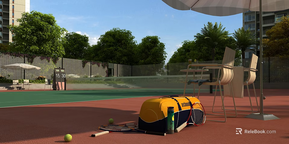 Tennis Court Scene With Green Trees Umbrella Tennis Bag Racket Ball And Chair 3d model 