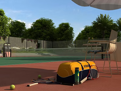 Tennis Court Scene With Green Trees Umbrella Tennis Bag Racket Ball And Chair 3d model