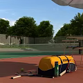 Tennis Court Scene With Green Trees Umbrella Tennis Bag Racket Ball And Chair