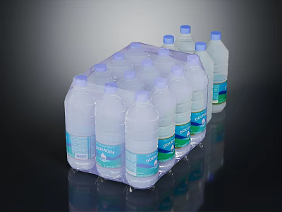 Natural Spring Bottled Water Pack With Transparent Plastic Bottles And Blue Labels 3d model