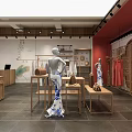 Traditional Chinese Clothing Store with Red Eaves White Walls and Blue White Qipao Mannequins