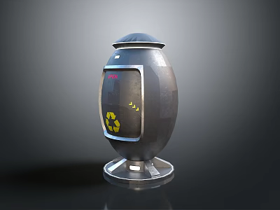 Modern Black Recycling Bin Featuring Silver Base And Yellow Symbol On Gray Background 3d model