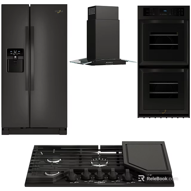 Modern Black Kitchen Appliances Set With Fridge Range Hood Oven And Cooktop 3d model 