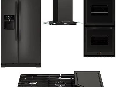 Modern Black Kitchen Appliances Set With Fridge Range Hood Oven And Cooktop 3d model