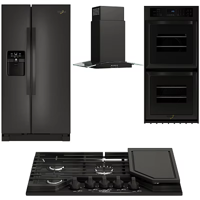 Modern Black Kitchen Appliances Set With Fridge Range Hood Oven And Cooktop 3d model
