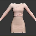 Women's Pink Knitted Long Sleeve Top With High Waist Lace Up Skirt Outfit