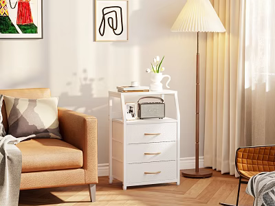 Modern Living Room With White Drawer Shelf Sofa Floor Lamp And Decorative Paintings 3d model