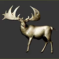 Shiny Elk Sculpture Featuring Large Antlers And Golden Body On Gray Reflective Background