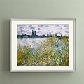 Beautiful Landscape Painting With Cliff Green Vegetation Houses Seascape Distant Boats Beach And Waves