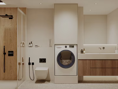 Modern Bathroom Interior Design With Washing Machine Wooden Vanity Toilet And Shower Area 3d model