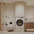 Modern Bathroom Interior Design With Washing Machine Wooden Vanity Toilet And Shower Area