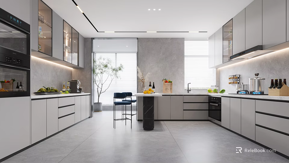 Modern Gray Kitchen Interior Design With Cabinets Island Window Plant And Appliances 3d model 