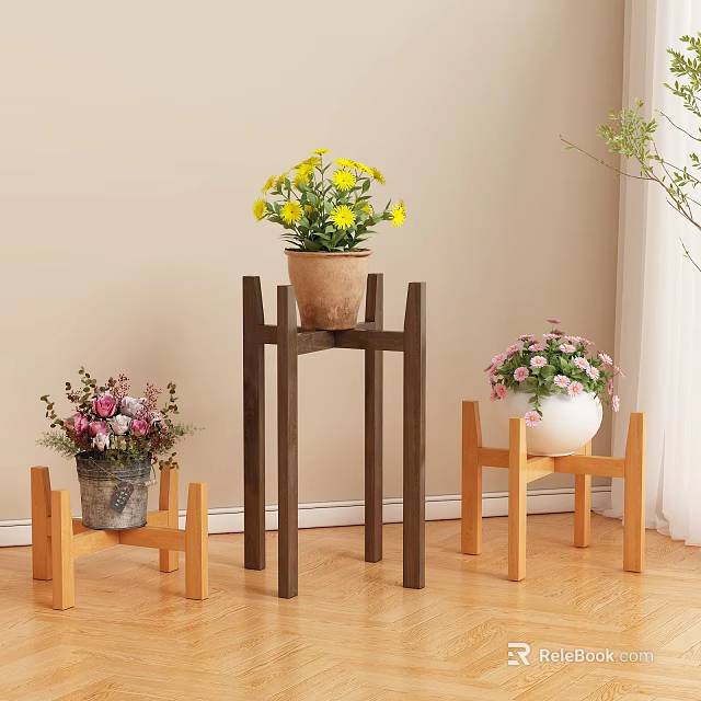 Wooden Flower Stands of Different Sizes with Yellow and Pink Flowers Indoor 3d model 
