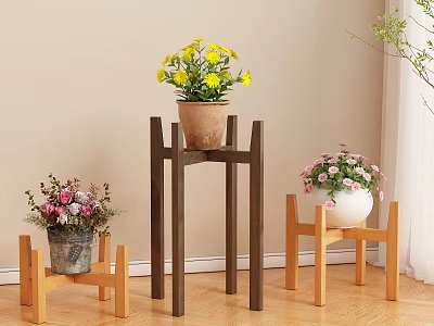 Wooden Flower Stands of Different Sizes with Yellow and Pink Flowers Indoor 3d model