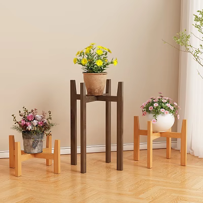 Wooden Flower Stands of Different Sizes with Yellow and Pink Flowers Indoor 3d model