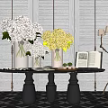 Elegant Modern Vases With White Hydrangeas On Black Table Gray Shutter Background And Lamps 3d model
