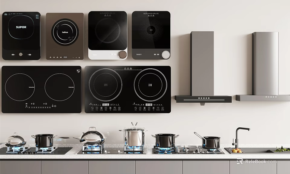 Modern Kitchen Appliances With Induction Cooktops Range Hoods And Pots On Countertop 3d model 