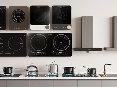 Modern Kitchen Appliances With Induction Cooktops Range Hoods And Pots On Countertop 3d model