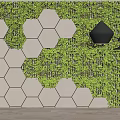 Modern Green Plant Wall With Hexagonal White Panels And Hanging Lamps