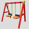 Double Swing Play Equipment With Red Frame Yellow Ropes Orange Seats And Blue Backrests