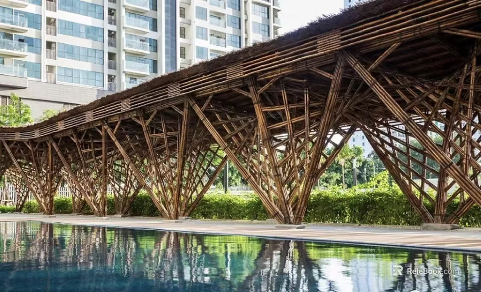 Modern Bamboo Pergola With Intricate Wooden Structure Over Pool In Urban Setting 3d model 