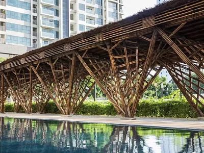 Modern Bamboo Pergola With Intricate Wooden Structure Over Pool In Urban Setting 3d model