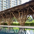 Modern Bamboo Pergola With Intricate Wooden Structure Over Pool In Urban Setting