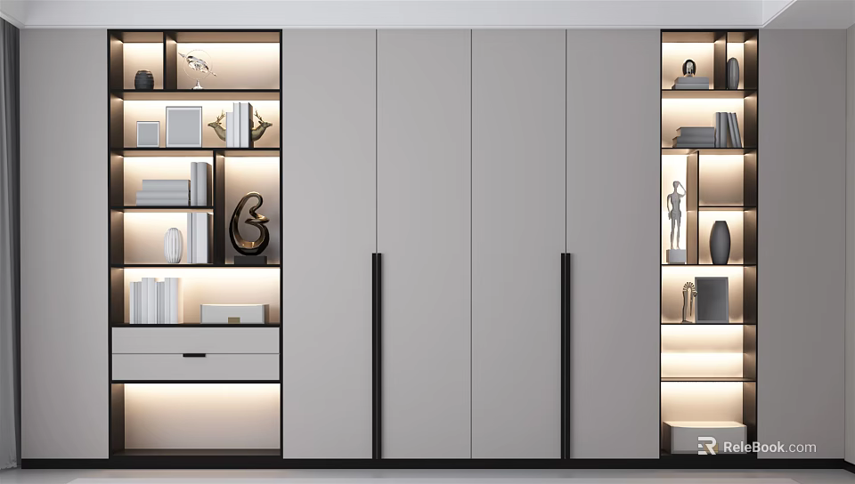 Contemporary Bookcase With Open Shelves LED Lighting Books Photo Frames And Sculptures 3d model 