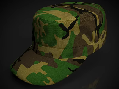 Camouflage Military Style Flat Top Hat With Green Brown Beige Fabric Pattern Design 3d model