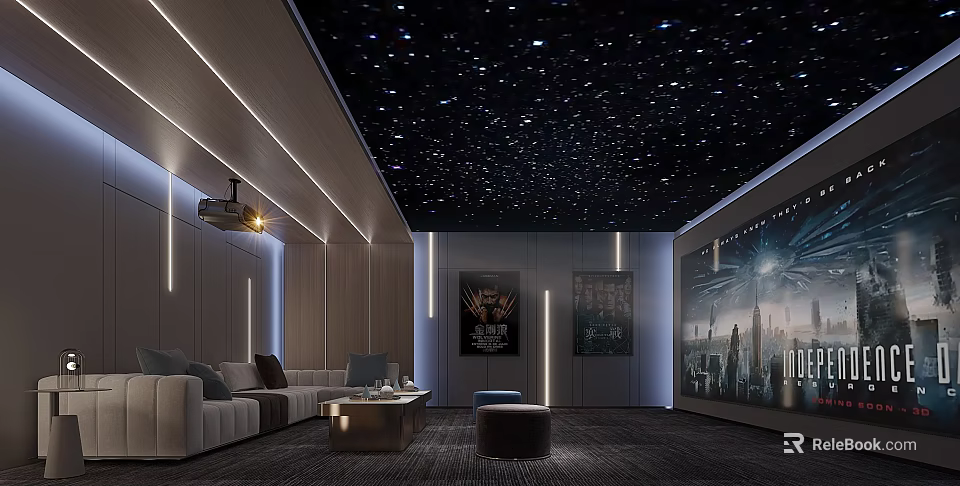 Home Theater Room With Starry Ceiling Comfortable Sofa Projector And Large Screen 3d model 