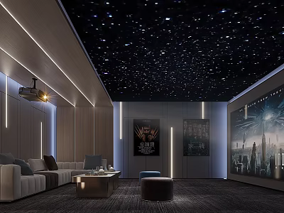 Home Theater Room With Starry Ceiling Comfortable Sofa Projector And Large Screen 3d model