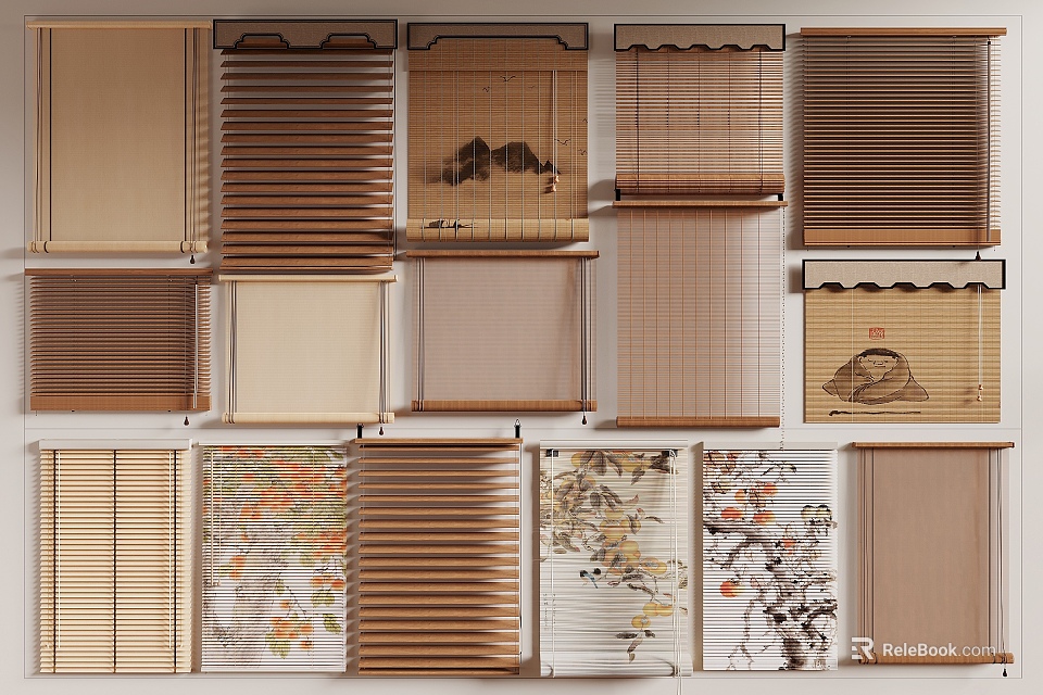 Various Styles of Decorative Blinds Featuring Bamboo and Patterned Designs for Home Interior Decoration 3d model 