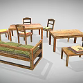Rustic Wooden Dining Table Set With Four Chairs And Colorful Cushioned Seats