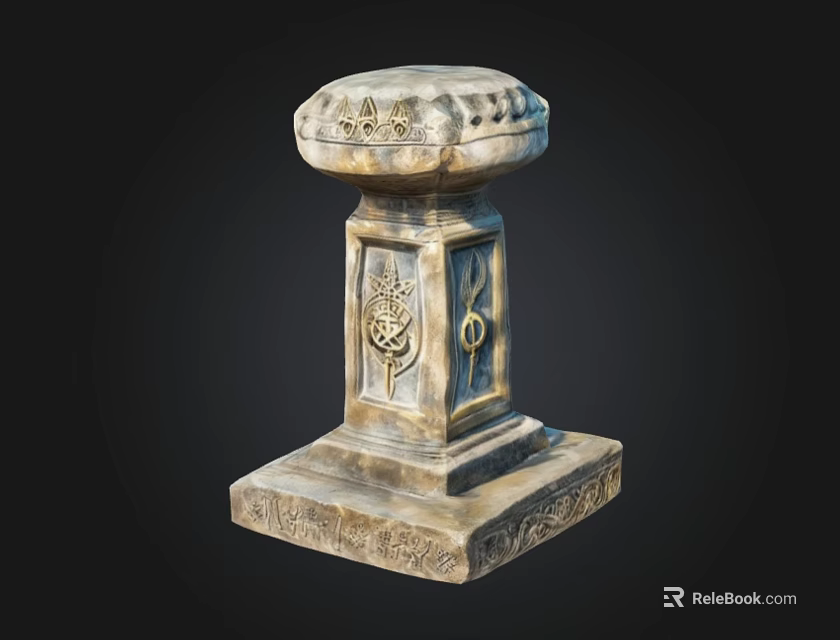 Ancient Stone Carved Pillar With Square Base And Round Top Intricate Patterns 3d model