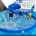 Colorful Summer Water Park With Inflatable Blue Pool Slide Palm Trees And Surfboards