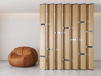 Modern Wooden Room Divider With Metal Accents And Brown Bean Bag Chair 3d model