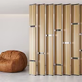 Modern Wooden Room Divider With Metal Accents And Brown Bean Bag Chair