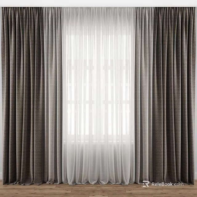 Modern Elegant Gray Textured Curtains With White Sheer Panels For Window Light Decoration 3d model 