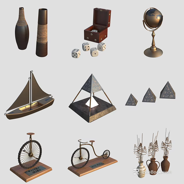 Assorted Decorative Ornament Set with Vase Dice Globe Sailboat Pyramid and Bicycle Models 3d model 