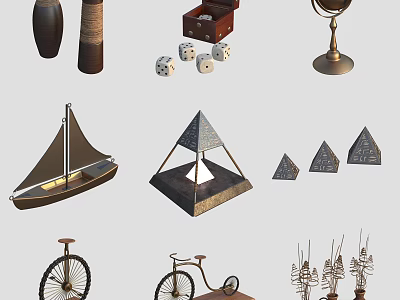 Assorted Decorative Ornament Set with Vase Dice Globe Sailboat Pyramid and Bicycle Models 3d model