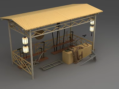 Outdoor Metal Frame Structure With Yellow Roof Lanterns Boxes And Ladder 3d model