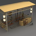 Outdoor Metal Frame Structure With Yellow Roof Lanterns Boxes And Ladder