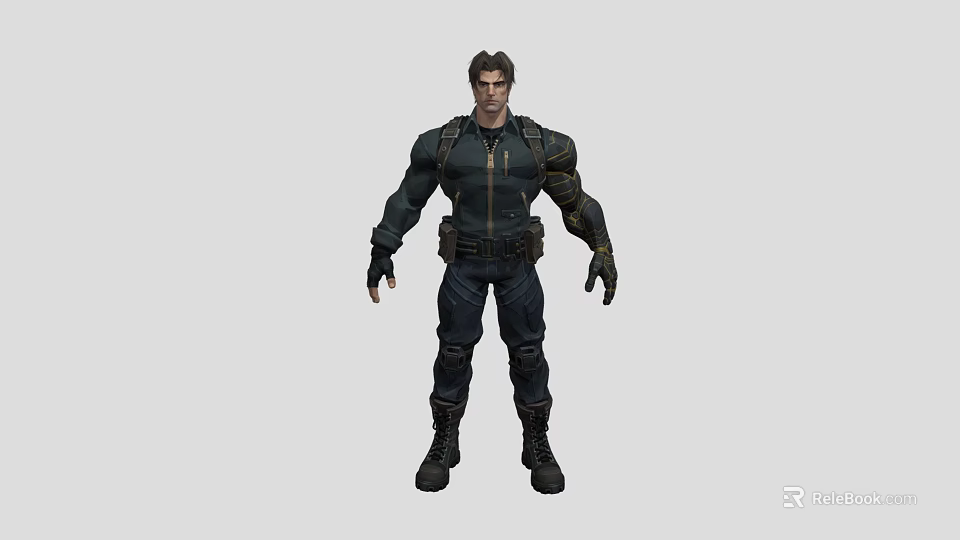 Tactical Man In Dark Colored Jacket With Arm Guards Utility Belt And Boots 3d model 