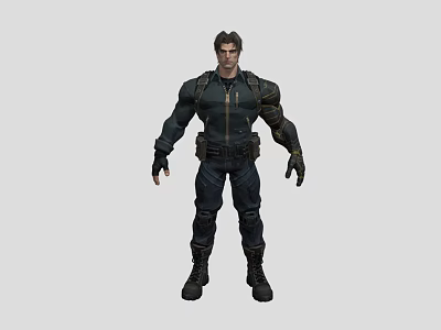 Tactical Man In Dark Colored Jacket With Arm Guards Utility Belt And Boots 3d model
