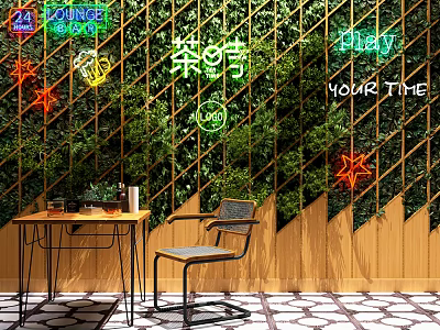 Vertical Green Wall With Wooden Grid And Neon Signs 3d model
