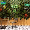 Vertical Green Wall With Wooden Grid And Neon Signs