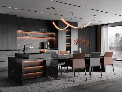 Modern Restaurant Interior Design With Dark Wooden Walls Marble Island And Curved Pendant Lights 3d model