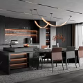 Modern Restaurant Interior Design With Dark Wooden Walls Marble Island And Curved Pendant Lights